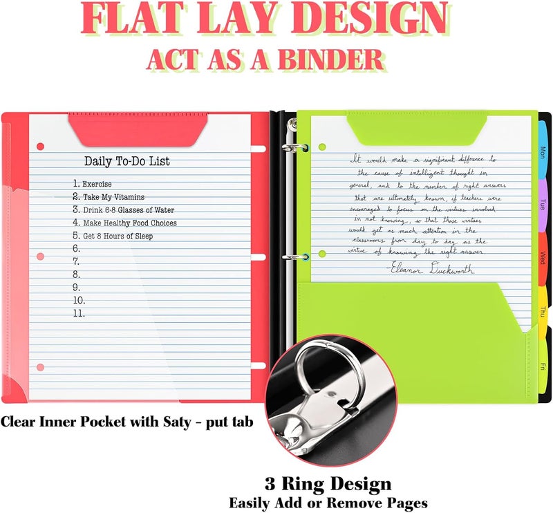 INFUN All-in-one Telescoping Binder Notebook，3 Ring Notebook Binder with 1 Plastic Movable Pocket Folder,5 Plastic Subject dividers and Graph Paper and College Ruled Paper - Red - Image 3