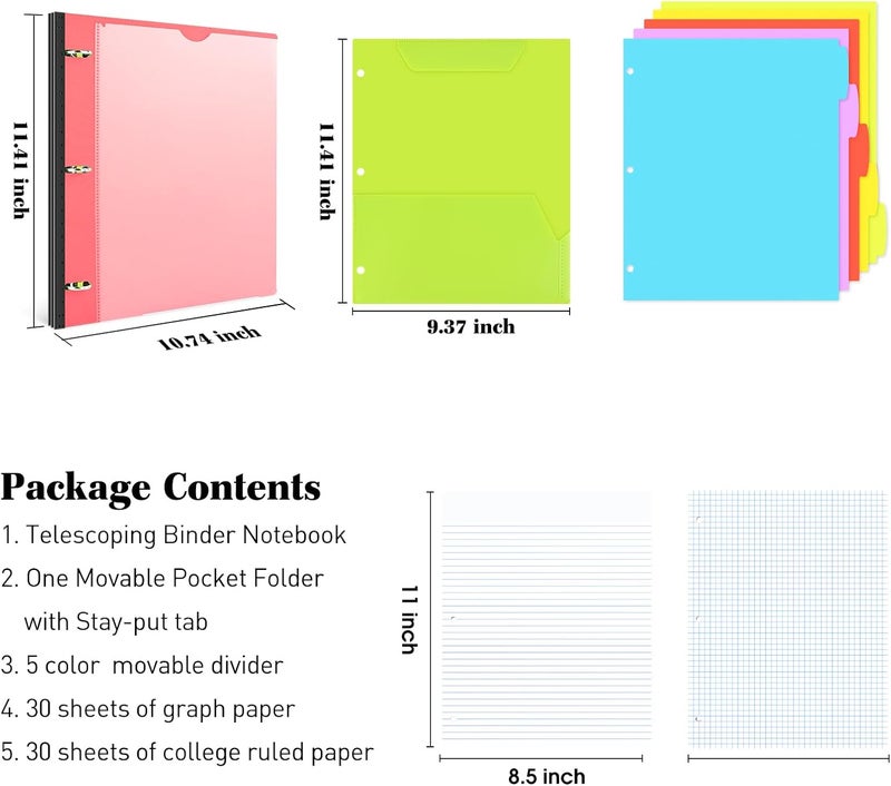 INFUN All-in-one Telescoping Binder Notebook，3 Ring Notebook Binder with 1 Plastic Movable Pocket Folder,5 Plastic Subject dividers and Graph Paper and College Ruled Paper - Red - Image 2