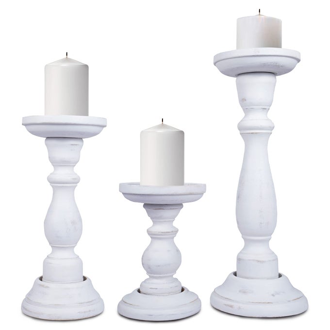 SHABBY WHITE HAND CARVED WOODEN PILLAR CANDLE HOLDERS SET OF 3 TULI DECORATIVE STYLE CRAFTED FROM MANGO WOOD RUSTIC TABLE CENTERPIECE DECOR SIZED 6 9 AND 12