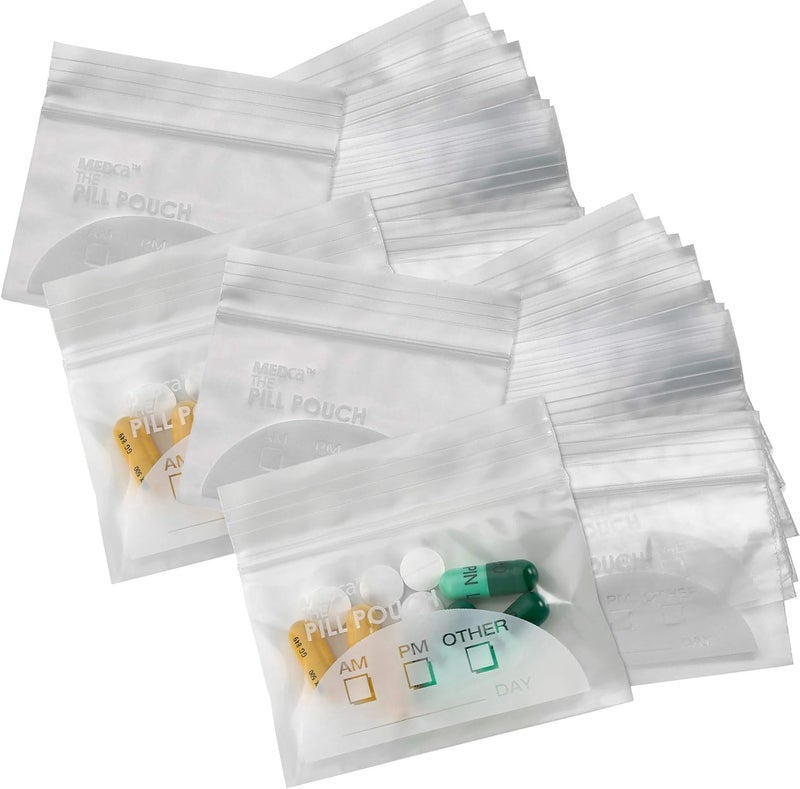 MEDca Pill Pouch Bags - (Pack of 200) 3" x 2.75" - BPA Free, Poly Bag Disposable Zipper Pills Baggies, Daily AM PM Travel Medicine Organizer Storage Pouches, Best Clear Reusable with Write-on Labels