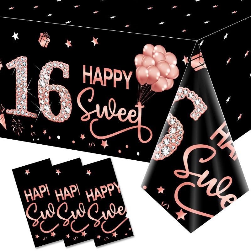 3 Pack Sweet 16th Birthday Tablecloth Decorations for Girls Rose Gold Happy Sixteen Birthday Theme Table Cover Party Supplies 16 Year Old Birthday Plastic Disposable Rectangular Table Cloth Decor