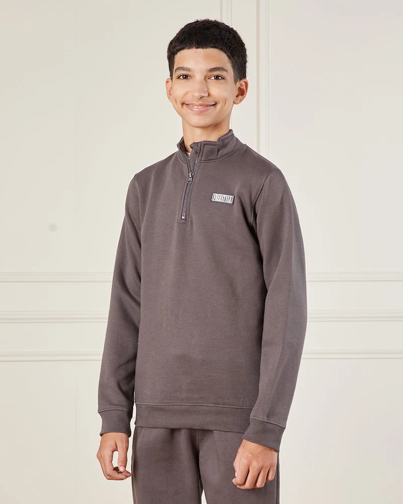 Redtag Senior Boys Charcoal Plain Freestyle Half Zip Sweatshirt