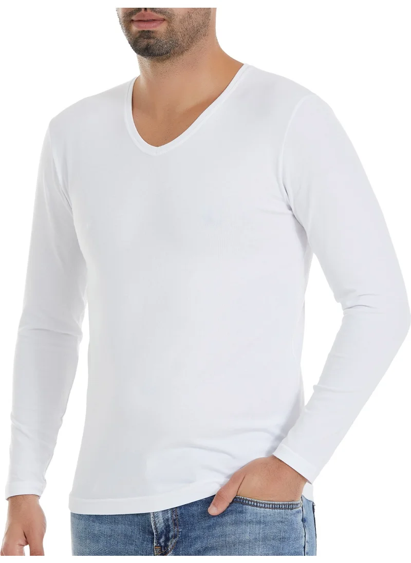 Yıldız Çamaşır Yıldız Laundry Men's White 3-Pack V-Neck Long Sleeve Lycra Tshirt