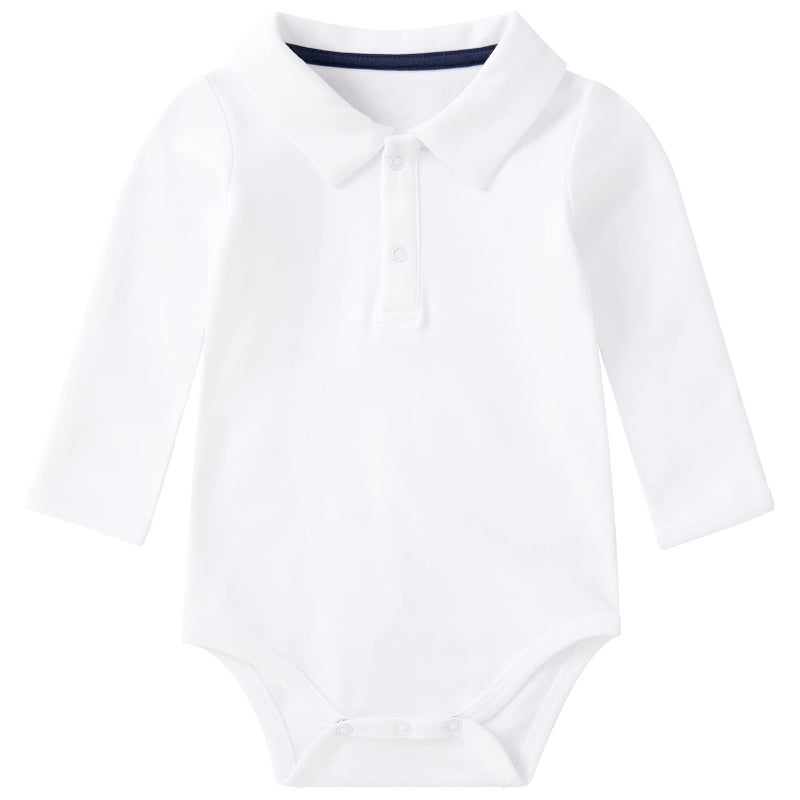 pureborn Baby Boys Polo Bodysuits Organic Cotton Bodysuit Collared Long Sleeve White 12-18 Months - Image 1