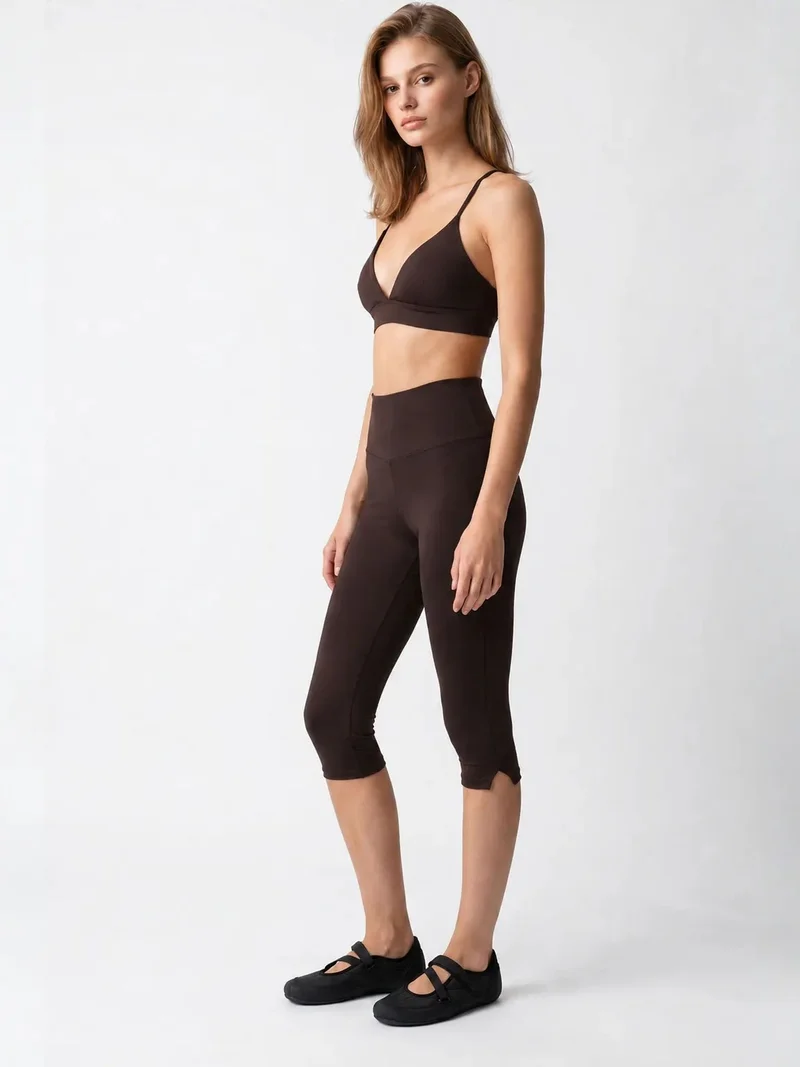 Mixray Coffee Brown MIXRAY High-Waist Capri Leggings With Slit for Women | Best Price UAE