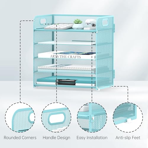 Supeasy 5 Trays Paper Organizer Letter Tray with Handle-Mesh Desk File Organizer, Paper Sorter Desk Organizer for Office, Home or School (Light Blue) - Image 3