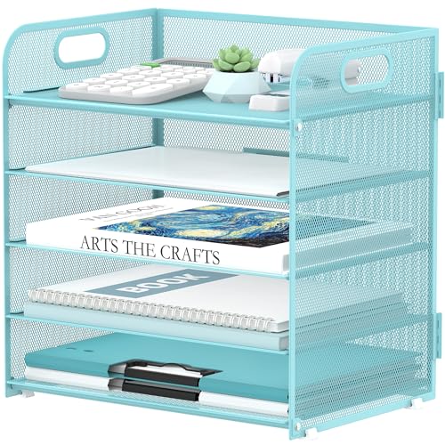 Supeasy 5 Trays Paper Organizer Letter Tray with Handle-Mesh Desk File Organizer, Paper Sorter Desk Organizer for Office, Home or School (Light Blue) - Image 1