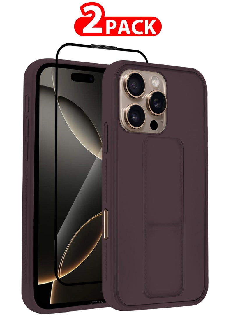 CATANES ( for iPhone 16 Pro Max ) 2 Pack, Case and Screen Protector Premium PU Leather Case with Stand Function Shockproof and Anti Scratch Finger Grip Case Cover / Merlot - Image 1
