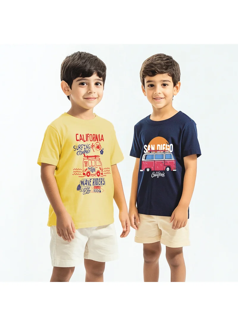 نوتيناتي Nautinati Boys' Pack of 2 Cotton Beach Print Rib Collar T-shirts