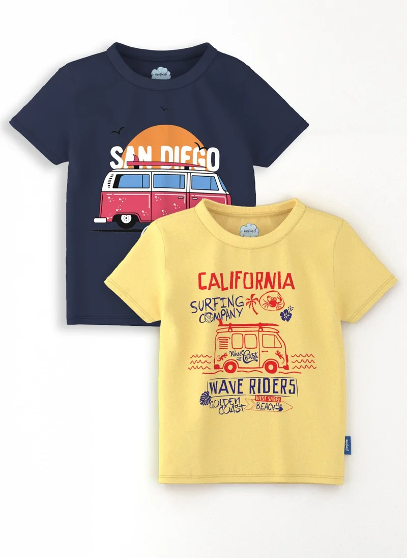 نوتيناتي Nautinati Boys' Pack of 2 Cotton Beach Print Rib Collar T-shirts