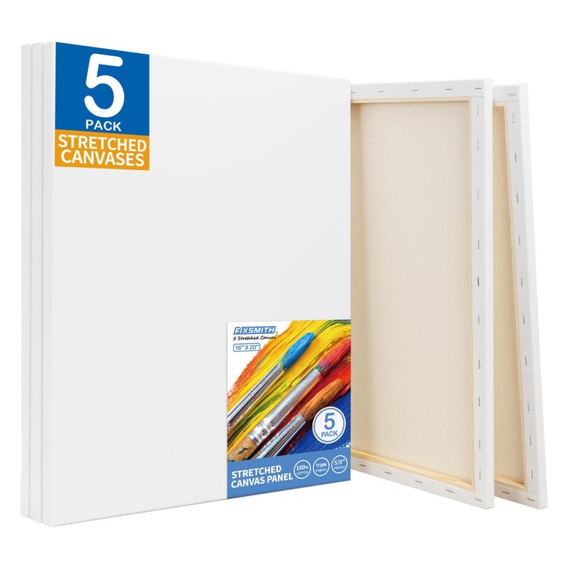 لوحة قماشية بيضاء ممدودة FIXSMITH 16x20 بوصة 5 عبوات قماش كبير مهيأ 100% قطن 58 بوصة بروفايل من حزمة قيمة فائقة للأكريليك والزيوت ووسائط الرسم الأخرى
