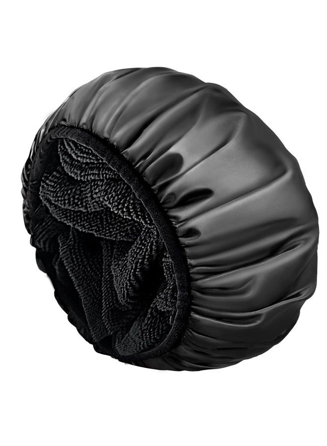 Aquior Shower Cap,Terry Lined Shower Cap for Women Reusable, Triple Layer Waterproof Bath Cap, Extra Large for Women Long Hair(Black) - Image 1