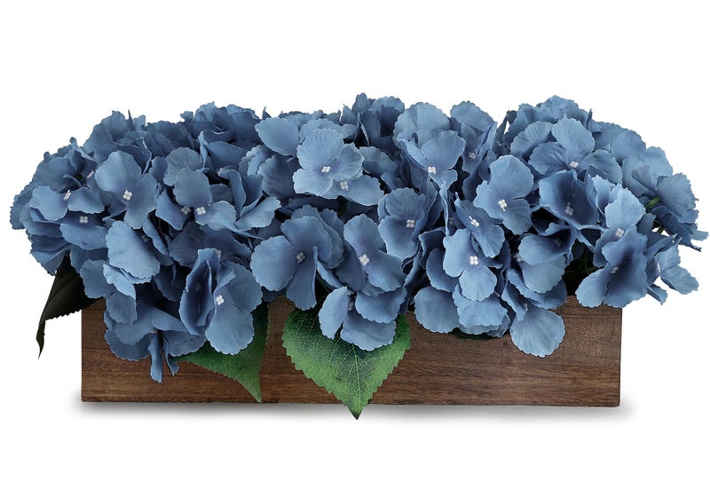 Scawim Pre-Made Flower Table Centerpiece, Artificial Hydrangea Arrangements Centerpieces Fake Flowers Decor Wood Tray with Faux Flower Wedding Room Kitchen Farmhouse Indoor Office Party(Navy Blue) - Image 1