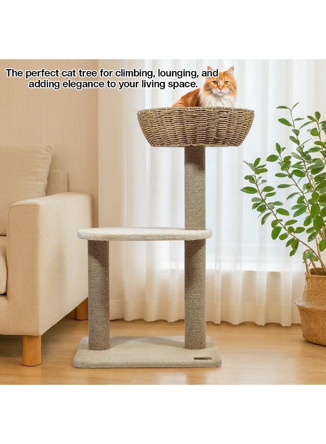 NNC PETS Modern cat tree with Handwoven Seagrass Basket bed, Natural sisal scratching posts, and Stable base, Multi-level cat tower furniture for Indoor cats & Kittens, 85 cm (Beige) - Image 5
