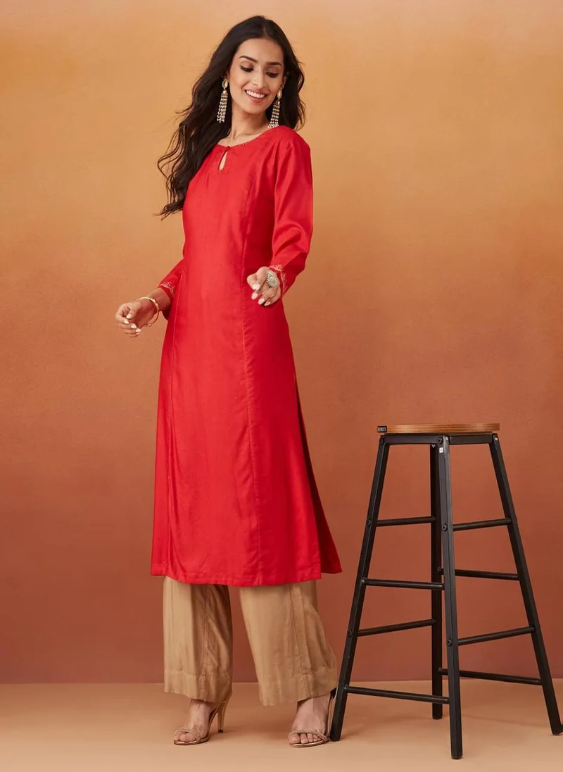 فاب انديا Red Viscose Silk Slim Fit Embroidered Long Kurta