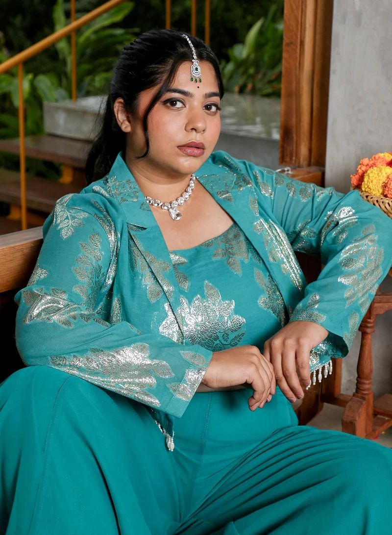 Instafab Plus Instafab Plus Women's Teal Green Plume Threads Co-Ord Set For Ethnic Wear | Sweetheart Neck, Long Regular Sleeves | Floral Jacquard Fabric | 3 Piece Co-Ords For Evening & Party Wear