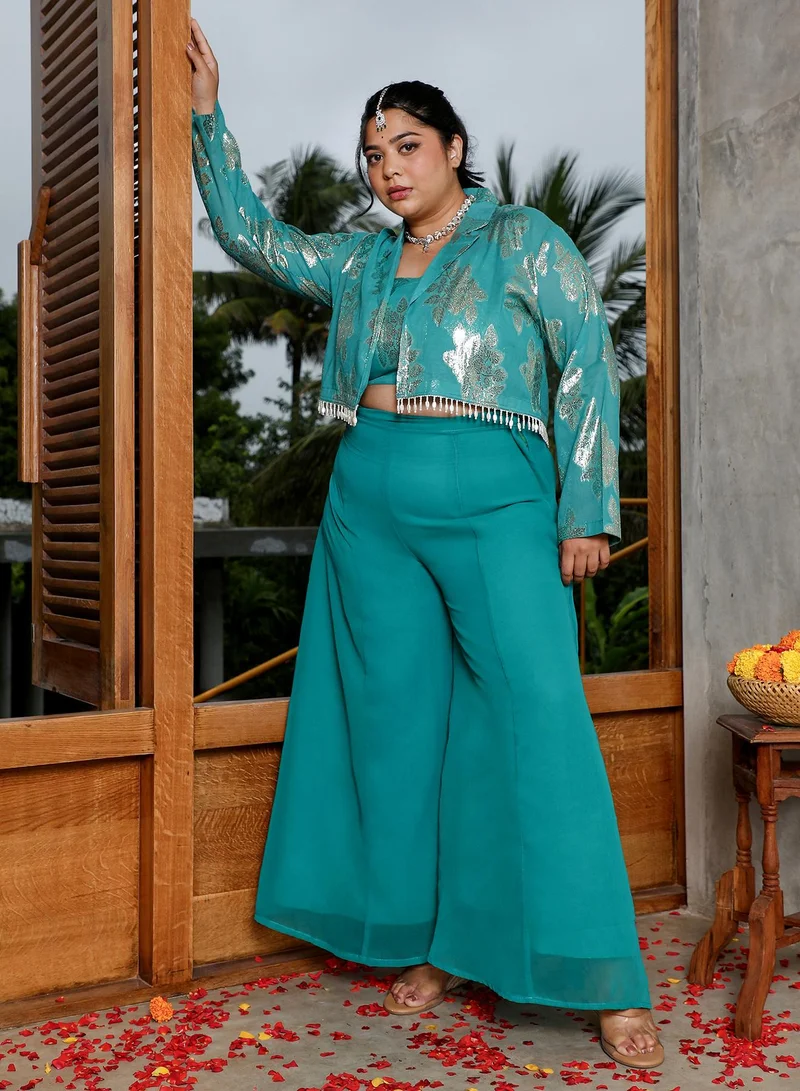انستافاب بلس Instafab Plus Women's Teal Green Plume Threads Co-Ord Set For Ethnic Wear | Sweetheart Neck, Long Regular Sleeves | Floral Jacquard Fabric | 3 Piece Co-Ords For Evening & Party Wear