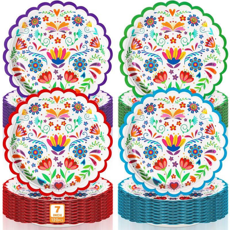 FillTouch 120 Pcs Mexican Paper Plates 7 Inch Disposable Fiesta Dessert Plates White Mandala Flower Cinco De Mayo Party Decoration for Taco Tuesday Carnival Birthday Party Supplies - Image 1