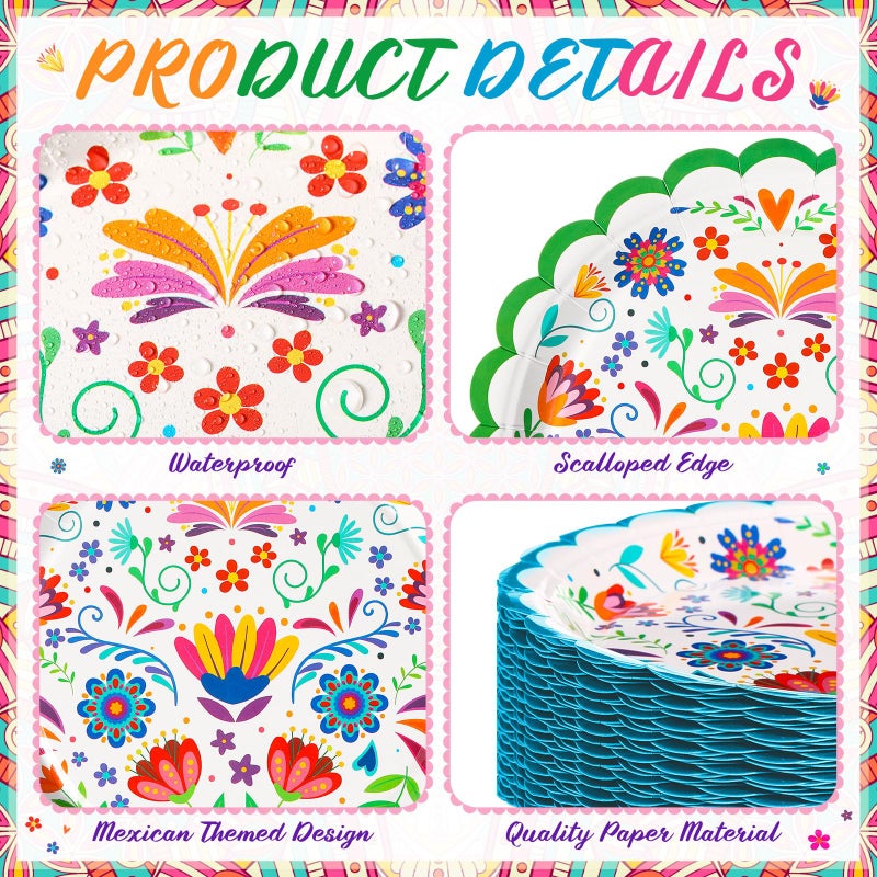 FillTouch 120 Pcs Mexican Paper Plates 7 Inch Disposable Fiesta Dessert Plates White Mandala Flower Cinco De Mayo Party Decoration for Taco Tuesday Carnival Birthday Party Supplies - Image 4
