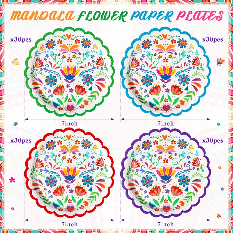 FillTouch 120 Pcs Mexican Paper Plates 7 Inch Disposable Fiesta Dessert Plates White Mandala Flower Cinco De Mayo Party Decoration for Taco Tuesday Carnival Birthday Party Supplies - Image 3