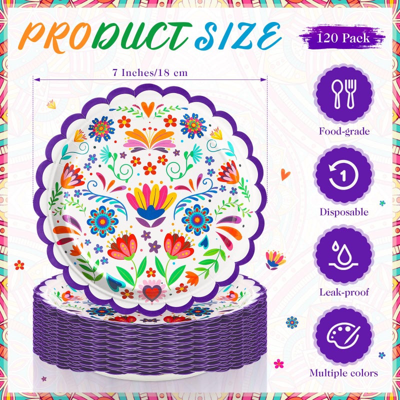 FillTouch 120 Pcs Mexican Paper Plates 7 Inch Disposable Fiesta Dessert Plates White Mandala Flower Cinco De Mayo Party Decoration for Taco Tuesday Carnival Birthday Party Supplies - Image 2