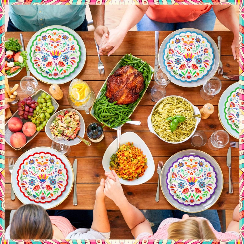 FillTouch 120 Pcs Mexican Paper Plates 7 Inch Disposable Fiesta Dessert Plates White Mandala Flower Cinco De Mayo Party Decoration for Taco Tuesday Carnival Birthday Party Supplies - Image 5