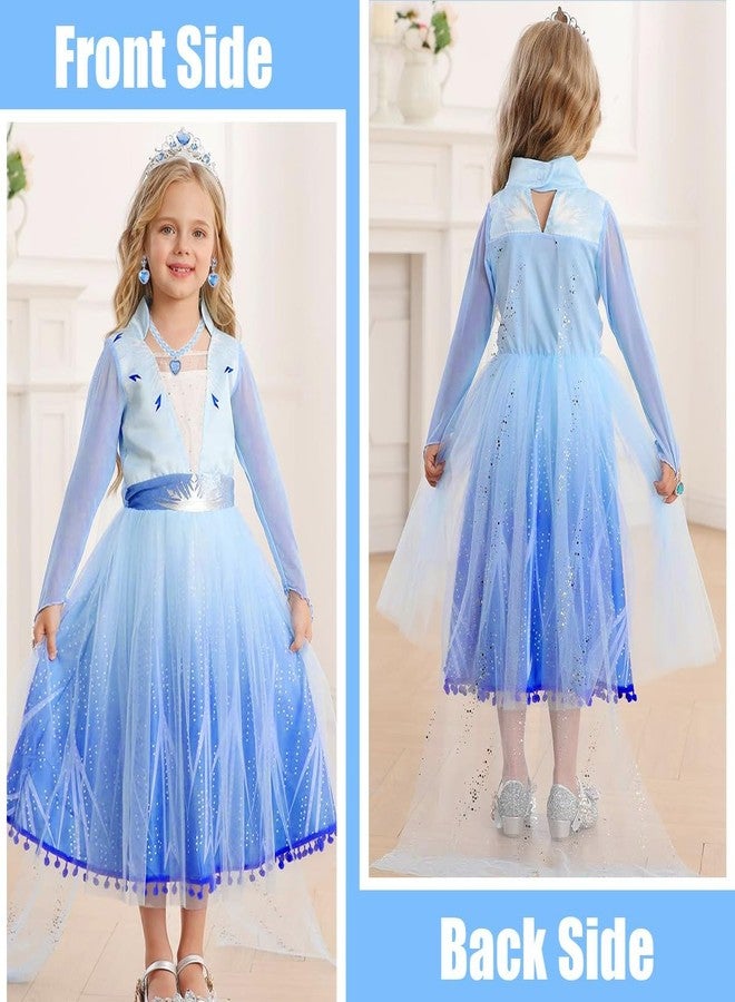 Luzlen Girls Princess Costume Kids Queen Halloween Cosplay Party Blue Dress with Accessories, 4-5 Years(Label 120) - Image 2