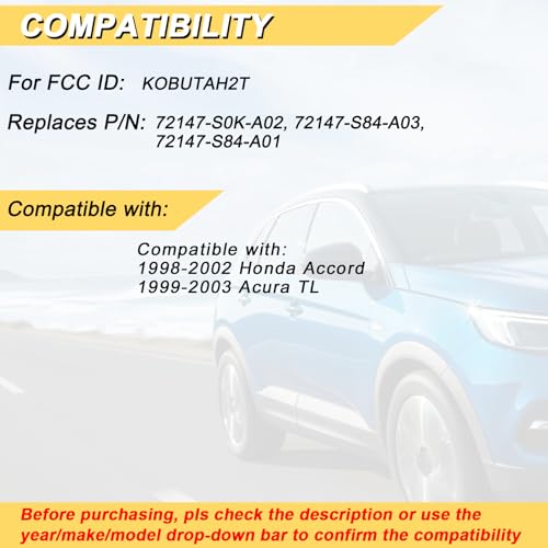 Vurkcy Key Fob Replacement for 1998-2002 Honda Accord/ 1999-2003 Acura TL Car Keyless Entry Remote Control, KOBUTAH2T, 4 Buttons, 2Pcs - Image 2