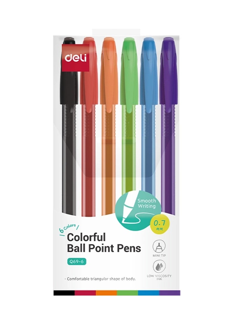 Deli 6-Piece Colorful Ballpoint Pens 0.7mm Tip Multicolour