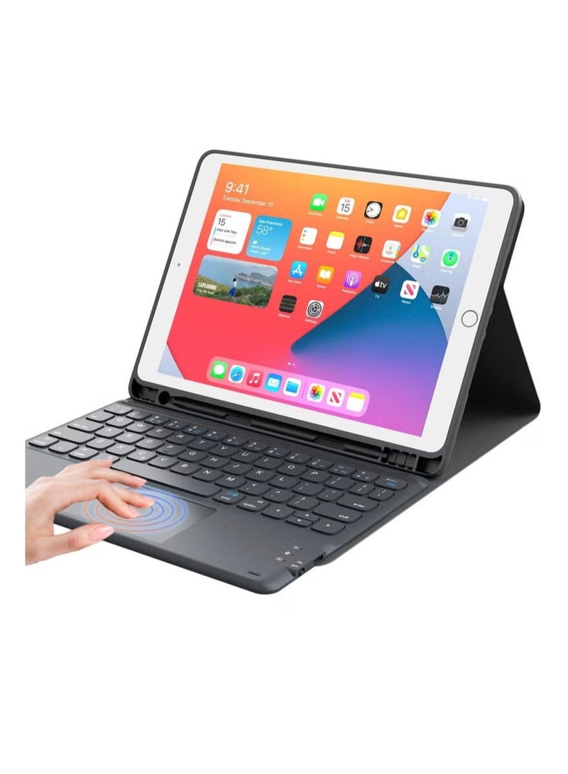 حافظة لوحة مفاتيح مع لوحة لمس لجهاز iPad 10.2 الجيل التاسع 2021 / الجيل الثامن 2020 / الجيل السابع 2019 حافظة لوحة مفاتيح لاسلكية قابلة للفصل مغناطيسيًا لجهاز iPad الجديد 10.2 مزودة بلوحة تتبع وحامل قلم (أسود) - Image 1