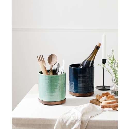MIKIGEY Utensil Holder, 360° Rotating Extra Large Ceramic Kitchen Utensil Holder for Countertop, 7.3“ Cooking Utensil Crocks for Kitchen Counter with Rotatable Wooden Base, Farmhouse Decor, Forest Green - Image 5