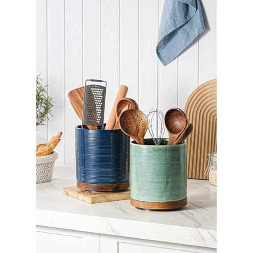 MIKIGEY Utensil Holder, 360° Rotating Extra Large Ceramic Kitchen Utensil Holder for Countertop, 7.3“ Cooking Utensil Crocks for Kitchen Counter with Rotatable Wooden Base, Farmhouse Decor, Forest Green - Image 2