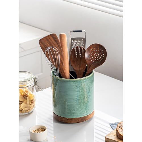 MIKIGEY Utensil Holder, 360° Rotating Extra Large Ceramic Kitchen Utensil Holder for Countertop, 7.3“ Cooking Utensil Crocks for Kitchen Counter with Rotatable Wooden Base, Farmhouse Decor, Forest Green - Image 3