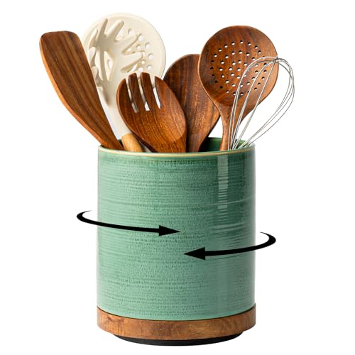 MIKIGEY Utensil Holder, 360° Rotating Extra Large Ceramic Kitchen Utensil Holder for Countertop, 7.3“ Cooking Utensil Crocks for Kitchen Counter with Rotatable Wooden Base, Farmhouse Decor, Forest Green - Image 1
