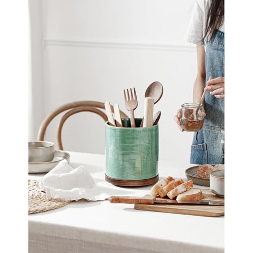 MIKIGEY Utensil Holder, 360° Rotating Extra Large Ceramic Kitchen Utensil Holder for Countertop, 7.3“ Cooking Utensil Crocks for Kitchen Counter with Rotatable Wooden Base, Farmhouse Decor, Forest Green - Image 4