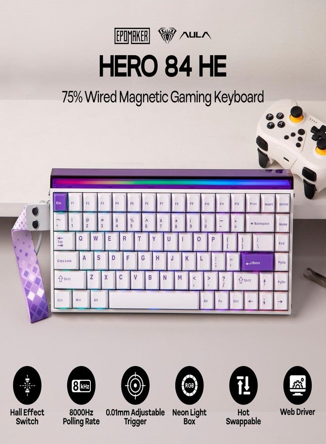 EPOMAKER Aula Hero84 HE Wired Hall Effect Keyboard with RGB Lightbox, 0.01mm Adjustable Actuation, 8KHz Polling, 0.125ms Latency, Snap Key, SOCD, Magnetic Gaming Keyboard (White&Purple) - Image 2