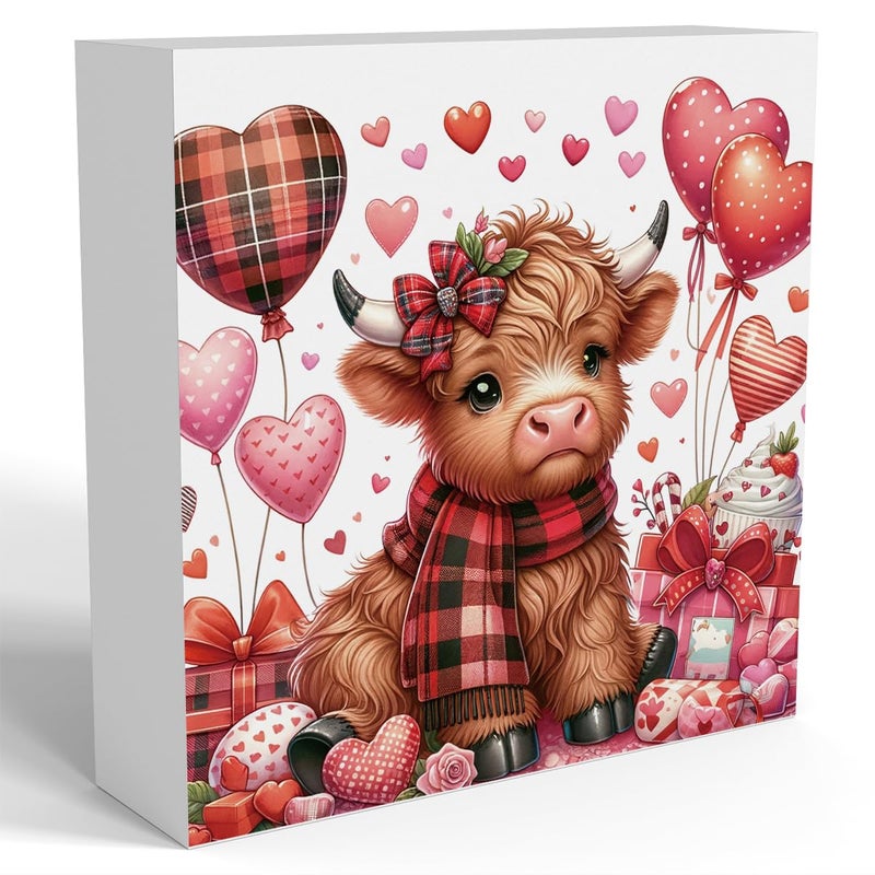 FXEFXE Valentines Day Decorations, Valentines Day Gifts for Her Him, Gift for Boyfriend Girlfriend, Heart Baby Highland Cow Anniversary Wooden Box Sign Husband Wife Home Office Bedroom Desk Decor - Image 1