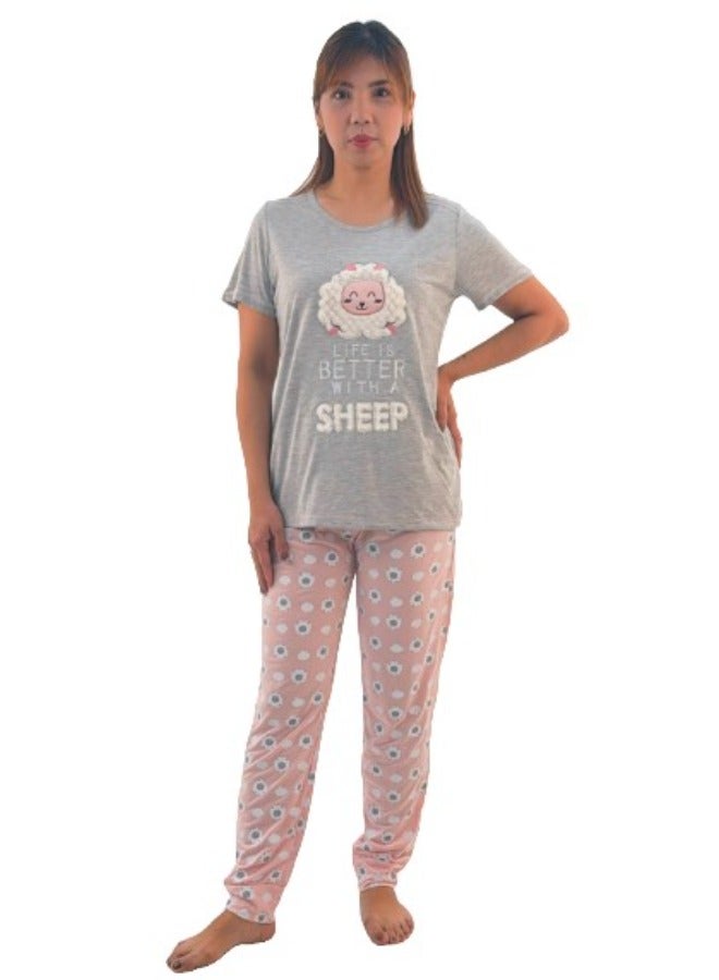 JOANNA JOANNA Women's Life Is Better With A Sheep Print Short Sleeve Shirt & Long Pants Pajama Set, Pink/Grey - Image 1