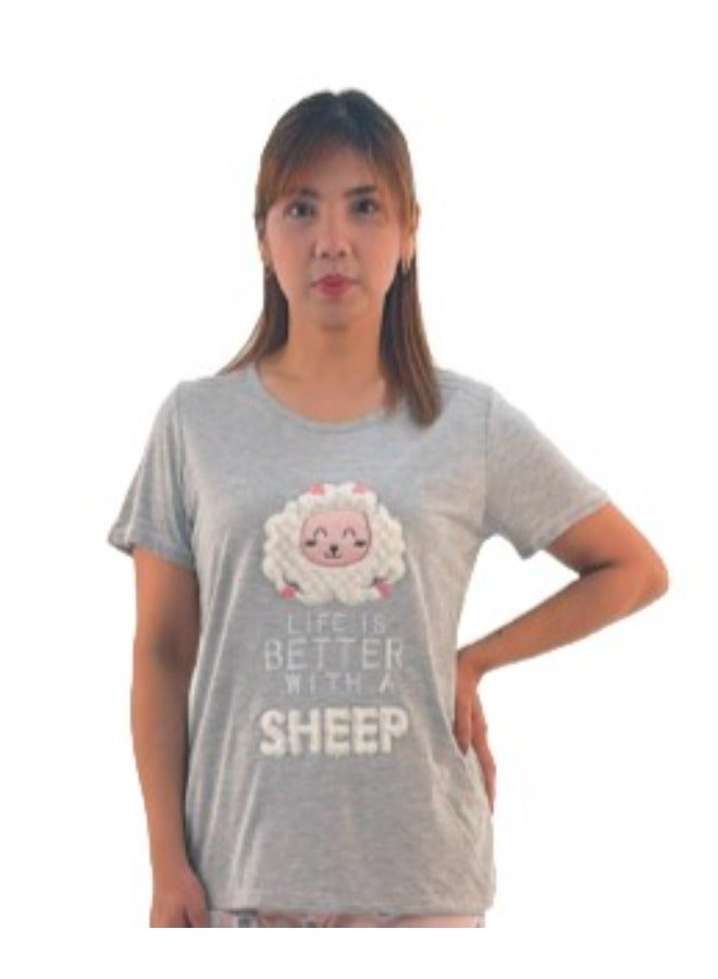 JOANNA JOANNA Women's Life Is Better With A Sheep Print Short Sleeve Shirt & Long Pants Pajama Set, Pink/Grey - Image 2