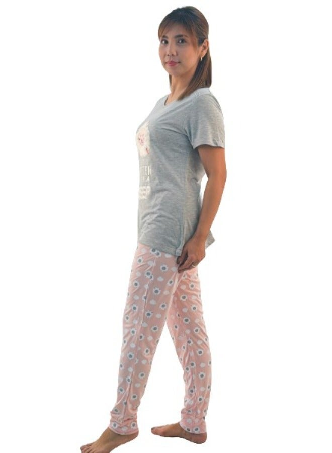 JOANNA JOANNA Women's Life Is Better With A Sheep Print Short Sleeve Shirt & Long Pants Pajama Set, Pink/Grey - Image 5