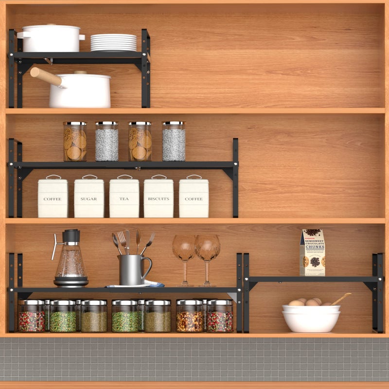 iPEGTOP Expandable Cabinet Storage Shelf Organizer Rack, Heavy Duty Cupboard Stand Spice Rack Adjustable Height Pantry Garage Shelf Space Riser for Counter Kitchen Organization, Black, 1 Pack - Image 4