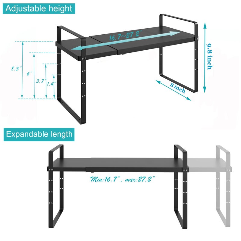 iPEGTOP Expandable Cabinet Storage Shelf Organizer Rack, Heavy Duty Cupboard Stand Spice Rack Adjustable Height Pantry Garage Shelf Space Riser for Counter Kitchen Organization, Black, 1 Pack - Image 5