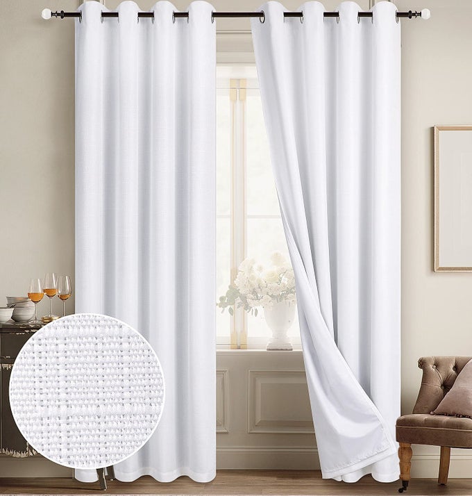 100 BLACKOUT CURTAINS WHITE LINEN CURTAINS FOR BEDROOM GROMMET THERMAL INSULATED ROOM DARKENING DRAPES 2 PANELS W52 X L95 INCH