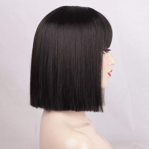 ENTRANCED STYLES Black Bob Wig with Bangs, Short Black Wig for Women Straight Bob Wigs Heat Resistant Synthetic wig Mia Wallace Cleopatra Cospaly Daily Party Use 12” - Image 4