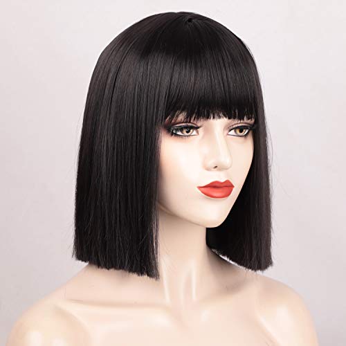 ENTRANCED STYLES Black Bob Wig with Bangs, Short Black Wig for Women Straight Bob Wigs Heat Resistant Synthetic wig Mia Wallace Cleopatra Cospaly Daily Party Use 12” - Image 3