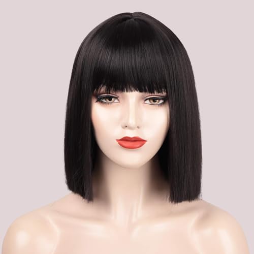 ENTRANCED STYLES Black Bob Wig with Bangs, Short Black Wig for Women Straight Bob Wigs Heat Resistant Synthetic wig Mia Wallace Cleopatra Cospaly Daily Party Use 12” - Image 1