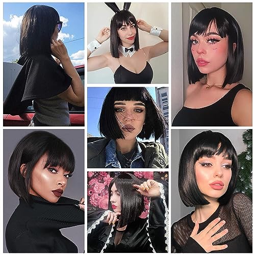 ENTRANCED STYLES Black Bob Wig with Bangs, Short Black Wig for Women Straight Bob Wigs Heat Resistant Synthetic wig Mia Wallace Cleopatra Cospaly Daily Party Use 12” - Image 2
