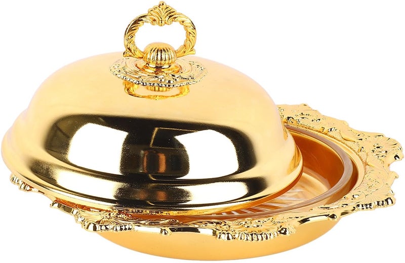 Asixxsix Butter Dish, Round Vintage Butter Keeper with Glass Lid for Sticks Cheese Desserts, Alloy Serving Plate with Removable Components for Wedding Party Christmas - Image 1