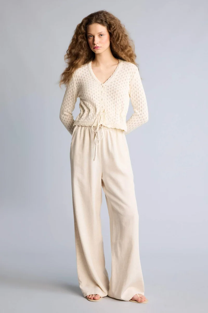 ديفاكتو Wide Leg High Waist Linen Blend Trousers