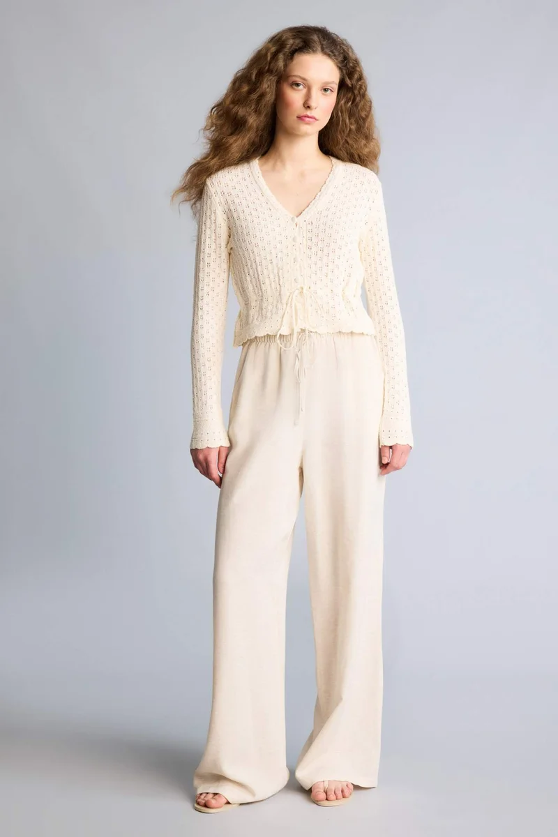 ديفاكتو Wide Leg High Waist Linen Blend Trousers
